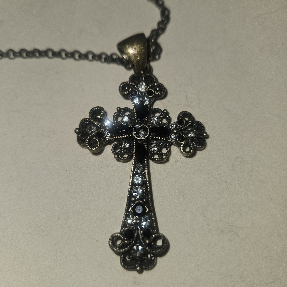 Lia Sophia black and brass rhinestone Cross necklace